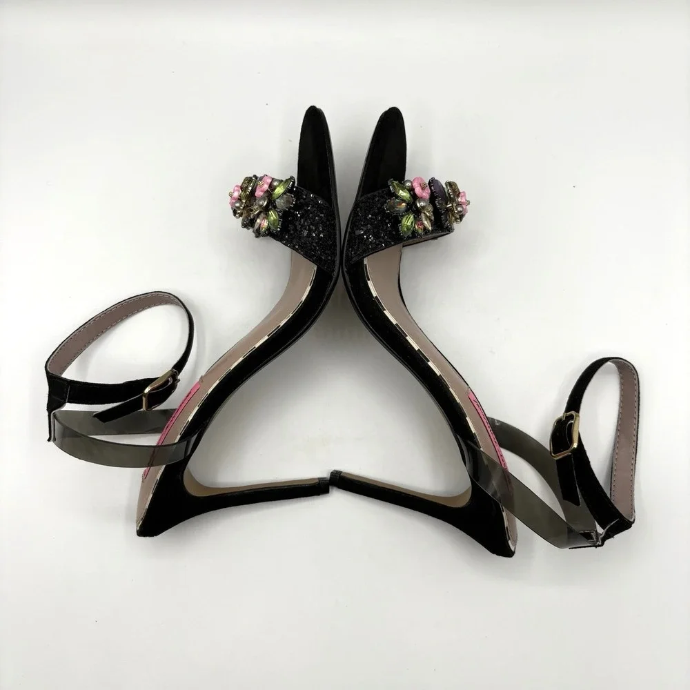 BETSY JOHNSON Alyna Heels Women's Size 6.5-7‎ Black Embellished Ankle Strap NWOB